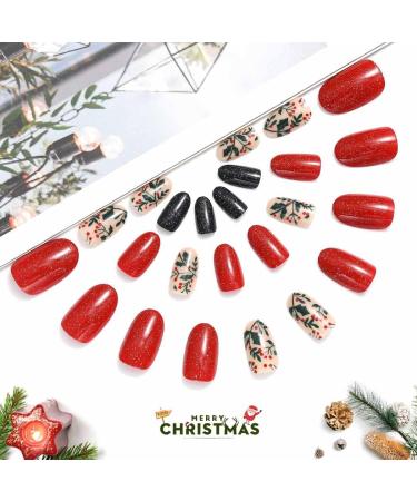 Vatocu Christmas False Nails Short Red Press on Nails - Snowflake Elk Snowman Design (24pcs) | Acrylic Stick on Nails for Women and Girls - Buy Online on SooperMarket.com