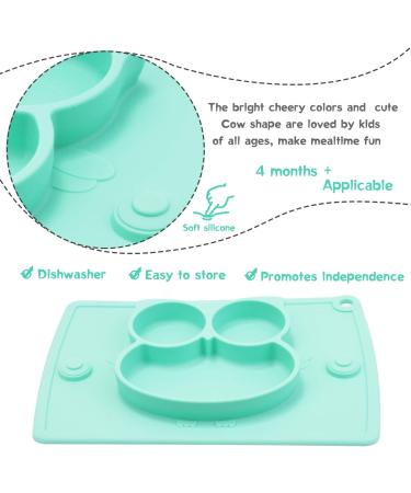 Silicone Divided Toddler Plate Set - Non Slip Suction Baby Dinner Plates with Spoon & Fork | BPA Free & FDA Approved - 5owl-cyan - Buy Online on SooperMarket.com
