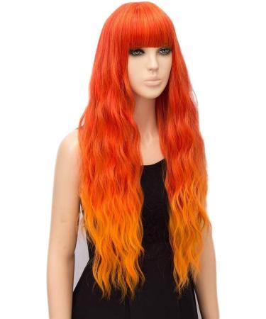 YEESHEDO Long Wavy Curly Wig for Women - 28 Inches Ombre Orange Synthetic Hair with Fringe for Party and Cosplay - Buy Online on SooperMarket.com