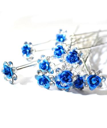 5starwarehouse 10x Bridal Wedding Prom Silver Crystal Diamante Rose Flower Hair Pins Clips Grips (Blue)