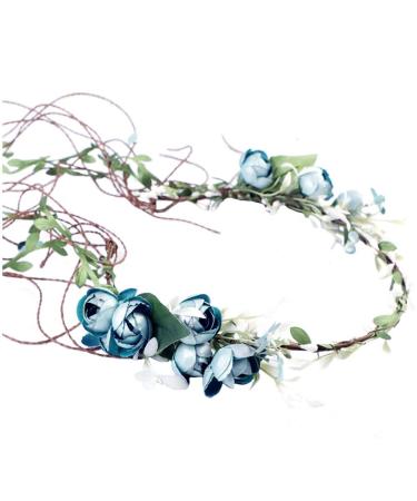 Rose Flower Headband Floral Leaf Crown Hair Bands Leaves Berry Vine Wreath Women Wedding Bridal Hair Hoop Boho Hairband Headpiece Party Decoration Cosplay Costume Cute Handmade Hair Accessories Blue Blue Style