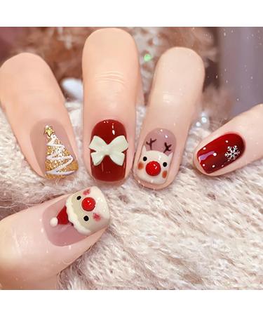 Brishow Christmas False Nails Snow Press on Nails Christmas Tree Stick on Nails Antler Short Red Fake Nails 24pcs for Women and Girls (b)