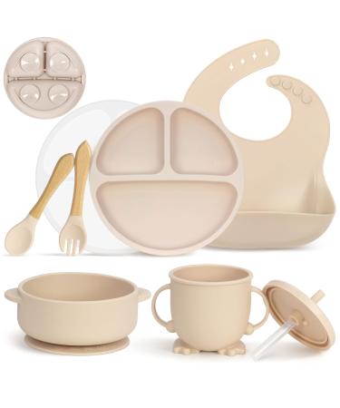 MOJINL Silicone Baby Tableware Set Non-Slip Children's Tableware Set with Suction Cup 7 Pieces BPA Free Learning Cutlery Sets with Spoon Fork Bowl Bib Cup Drinking Cup and Plate with Lid Beige