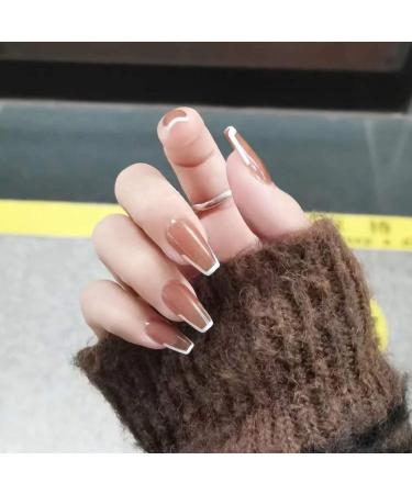 24pcs shiny press on nail full cover crew medium ballerina false nails with white simple edge design French nail art for women girl party salon