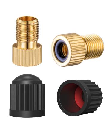 HZJD Presta valve adapter converted Presta to Schrader adapter for bicycle tire with a standard pump or an air compressor piece of tire valve caps (2 pieces) Gold Plus Black Caps