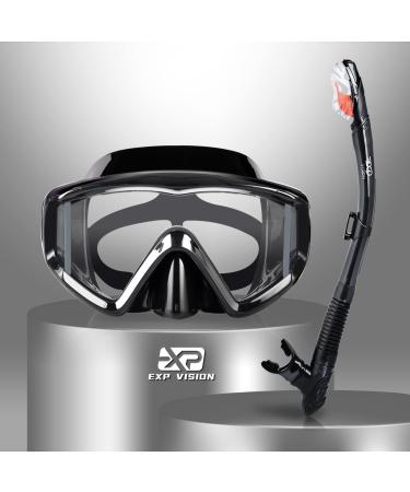 Dry Snorkel Set, Pano 3 Window Snorkel Mask, Anti-Fog Scuba Diving Goggles and Snorkel, Professional Adult Snorkeling Swim Mask Gear Black
