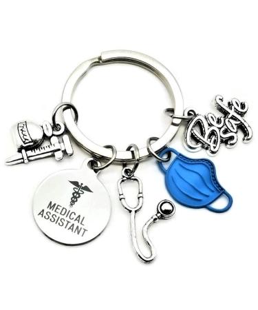 Kit's Kiss Medical Assistant Keychain MA Keychain Stethoscope Syringe Caduceus Medical Symbol Nursing School Graduation Medical Student Gift Silver Blue Diameter of Key Ring : 1.2 inches (3 cm)