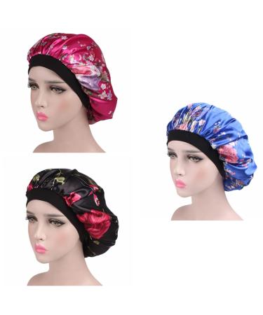 Satin Sleeping Cap Women 3 Pack Satin Bonnet Elastic Satin Cap Soft Night Sleep Hat for Girls Women Hair Protection