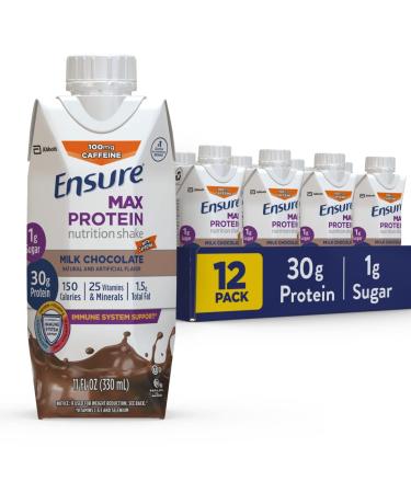Ensure Max Protein Nutrition Shake with 30g of Protein 1g of Sugar High Protein Shake Milk with 11 fl oz, Chocolate w/ Caffeine, Pack of 12 Chocolate 11 Fl Oz (Pack of 12)