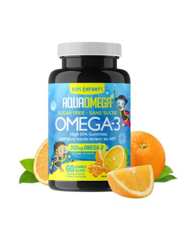 AquaOmega Kids Omega-3 Gummies - High EPA Omega-3 with DHA and Vitamin D - Omega-3 Supplements Tasty Fish Oil Omega-3 Gummy Omega-3 Kids Omega-3 Fish Oil Sugar Free Orange 260mg - 60 Gummies Orange 60 count (Pack of 1)