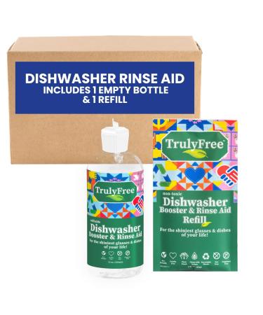 Truly Free Natural Dishwasher Booster & Rinse Aid - Non-Toxic Dishwashing Aid Formula Removes Residue & Tough Dish Stains Water Spot Remover - Includes: 1 Reusable Empty 12 oz Bottle & 1 Refill Starter Kit