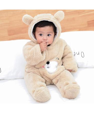 Newborn Cartoon Bear Snowsuit | Baby Winter Coat Footed Romper | Khaki 6-9 Months - Buy Online on SooperMarket.com