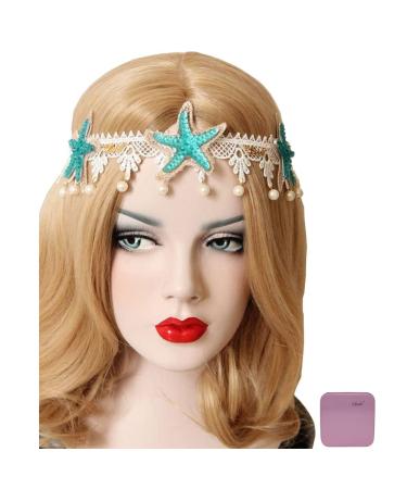 Bodermincer Summer Beach Style Bohemia Wedding Flower Head Wreath for Woman Party Mermaid Sea Star Starfish Decorations Charm Hairbands Jellyfish Hairpin Mermaid Hair Accessories Mermaid Costume (Color 2) Color 2-Lace St...