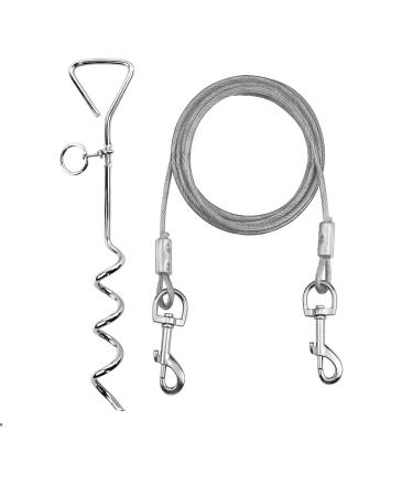 10ft Dog Tie Out Cable with 15" Spiral Ground Stake Spike for Small to Medium Dogs Up to 60 lbs for Playing Camping Outdoor Yard and Backyard in Ground (White)