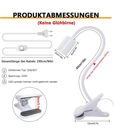 WPQiuzs Turtle Heat Lamp - 240cm Cable E27 UVA UVB Ceramic Heating Lamp for Reptiles Adjustable Clip & Swan Neck for Lizards & Turtles - Buy Online on SooperMarket.com