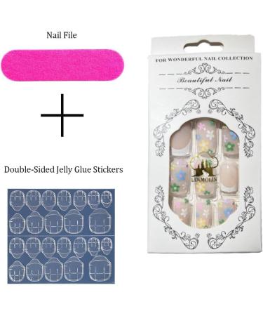 White French Multicolor Flowers Press on Nails - Coffin Stick on Nails Nails Tips Full Cover Fake Nails Glossy Nails for Women Girls DIY Nail Manicure 24 PCS False Nails 01 - Buy Online on SooperMarket.com