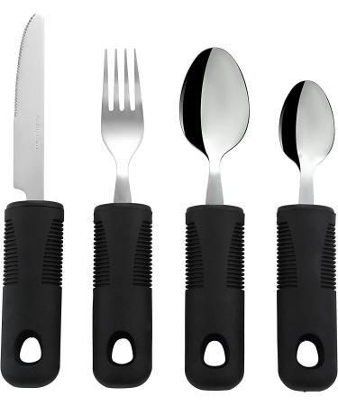 Adaptive Utensils (4-Pieces) Wide Non-Weighted Non-Slip Handles for Hand Tremors Arthritis Parkinson s or Elderly use - Stainless Steel Knife Fork Spoons - Black Thick Handle - Black