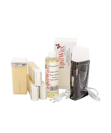Epilwax Royal Complete Epilation Kit with: Professional wax warmer 4 roll-on wax 100 ml vanilla 100 epilatory strips 1 bottle with 250 ml oil after epilation (Royal Black Vanilla 4)