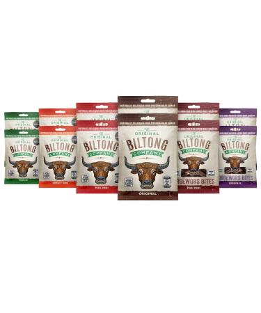Biltong Taste Box four flavours Original Smoky BBQ Piri Piri & Garlic Tasty High Protein Low Fat Gluten & Nitrate Free Savoury Snack. (All 4 Flavours + 2 Droewors 12 x 30g) All 4 Flavours + 2 Droewors 12 x 30g