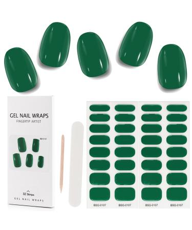 Kalolary 32PCS Cured Gel Nail Polish Strips Adhesive Full Wrap Gel Nail Art Sticker Waterproof Gel Nail Wrap Stickers with Nail File and Stick(UV/LED Lamp Required) (Green)