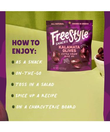 Freestyle Snacks Olive Snack Packs - Fresh Pitted Kalamata Olives Marinated in Extra Virgin Olive Oil - All Natural, Non-GMO, Paleo, Keto Snacks from Greece - Salty 4oz (3 Pack) - Buy Online on SooperMarket.com