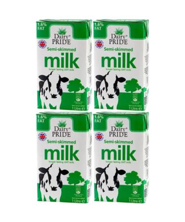 Dairy Pride Semi Skimmed Long Life UHT Milk 1 Litre Pack Of 4 With Welari Thank You Card | (4 Pack) (4 x 1 Litre)