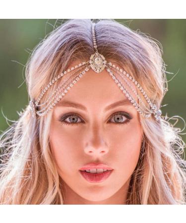 Runmi Rhinestone Head Chain Gold Headdress Crystal Hairpiece Wedding Hair Accessories for Women and Girls Silver