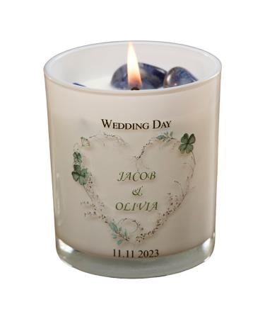 Personalised Wedding Day Candle Gift with Green Floral Heart (Sea Breeze)