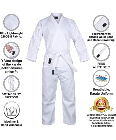 Lightweight Karate Uniform for Kids & Adults - Martial Arts Gi with Belt 00 (3'8 - 4'0 / 50 lbs) - White - Buy Online on SooperMarket.com