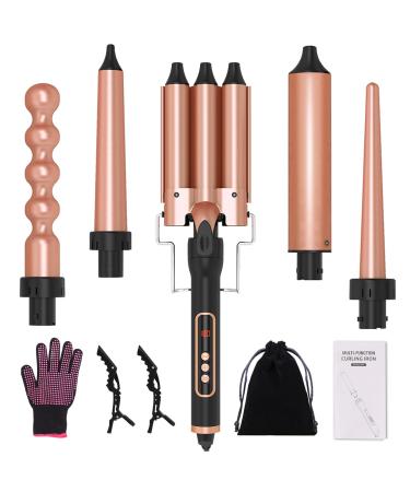 Hair Curling Iron 5 in 1 Curling Wands Set with Interchangeable 0.35''-1.3'' Barrels for Curly Hairstyle 30s Heat Up 180-450 F Temp Adjustment Glove & Clips Included Black