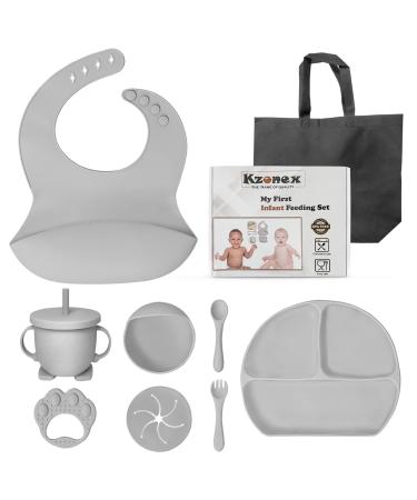 Kzonex 9-Pcs. Baby Feeding Set  Silicone Baby Bib with Food Catcher  Suction Cup Plate and Bowl  Kid Safe Fork and Spoon  Sippy Cup with Straw and Snack Lids  BPA Free  Dishwasher Safe