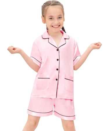SWOMOG Kids Satin Pyjamas Set - Button-Down Silk Pjs Short Sleeve Lounge Set - 10-11 Years - Pink - Buy Online on SooperMarket.com