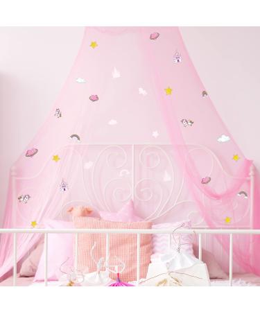 Stars Bed Canopy Glow in The Dark Bed Canopy for Girls Unicorn Room Decor for Girls Bedroom Pink Bed Canopy Crib Mosquito Net Fluorescent Mosquito Net Hanging for Girls, Kids and Babies
