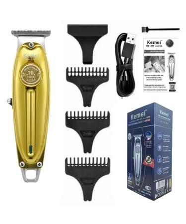Kemei Professional Hair Clippers Beard Trimmer for Men T-Blade Outliner Barber Grade Electric Clippers All-in-One Grooming Solution Cordless Gold