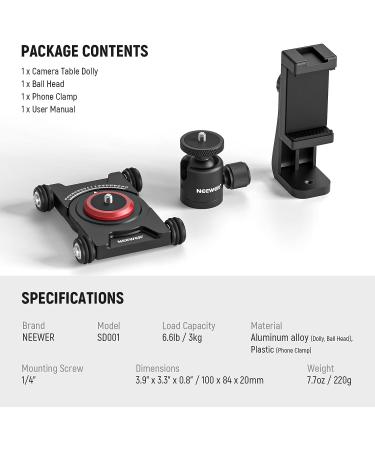 NEEWER Camera Slider Dolly with Ball Head & Phone Clamp Portable 4-Wheeled Tabletop Skater for DSLR, Video, GoPro, iPhone, Android 360 Panorama Capability SD001 - Buy Online on SooperMarket.com