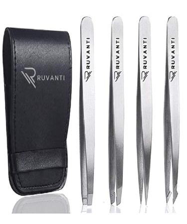 Ruvanti 4 Piece Professional Stainless Steel Tweezers Set- Eyebrow Tweezer  Slant tip  Pointed & Straight Tweezers Best Precision for Facial & Ingrown Hairs Plucking  Splinter  Hair Removal (Silver)