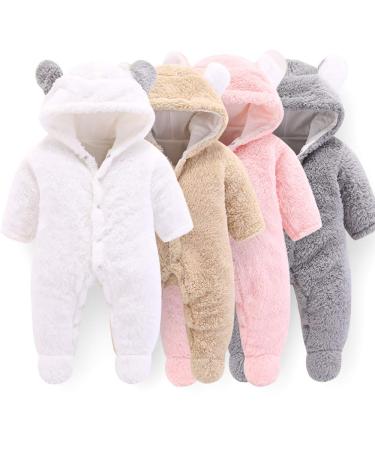 Newborn Baby Cartoon Bear Snowsuit Winter Coat Fleece Hooded Romper Jumpsuit 0-3 Months White
