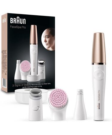 Braun FaceSpa Face Epilator Hair Removal with Facial Cleansing Brush Head Toning Head and Charger Stand Wet and Dry Gifts for Women SE912 White/Bronze Face Spa 912