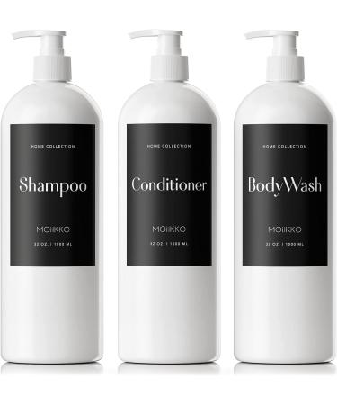 MOIIKKO 32oz Refillable Shampoo and Conditioner Bottles - Pack of 3, White Dispensers with Waterproof Labels - Modern Bathroom Accessories - Buy Online on SooperMarket.com