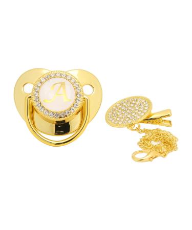Golden baby pacifier soft curved individual pacifier curved design 26 letters safe materials healthy bling baby pacifier with clips for 6 to 18 months (b)