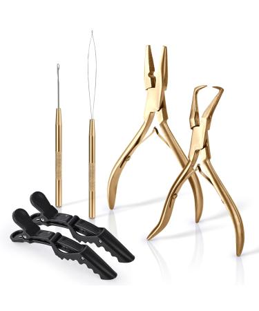 EHDIS Hair Extensions Tools Kit 2 Stainless Steel Pliers for Hair Apply&Remove Micro Ring Loop 2 Loop Needle Threader Pulling Hook 2 Clip Multi Functional Hair Extension Tool Gold