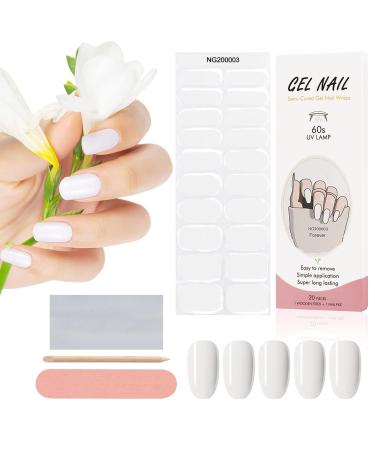 Kalolary 20PCS Semi Cured Gel Nail Polish Strips  Solid White Adhesive Full Wrap Gel Nail Art Sticker  Waterproof Gel Nail Wrap Stickers with Nail File and Stick(UV/LED Lamp Required)