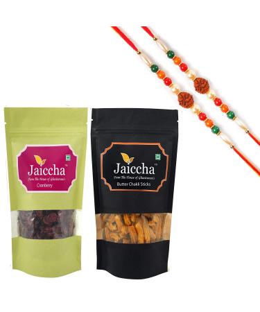 Jaiccha Ghasitaram Rakhi Gifts for Brothers Rakhi Dryfruits - Cranberry 100 GMS and Butter Chakli Sticks 100 GMS Pouch with 2 Rudraksh Rakhis