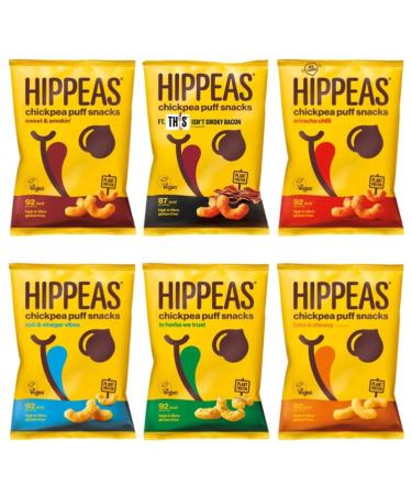Hippeas Chickpea Puff Snacks - Pack of 12 x 22g (6 Flavours 2 of Each). Healthy Snacks for Adults and a Tasty Chickpea Snack. Hippeas Crips - Chickpea Crips Low Calorie Crisps Low Fat Crisps Vegan
