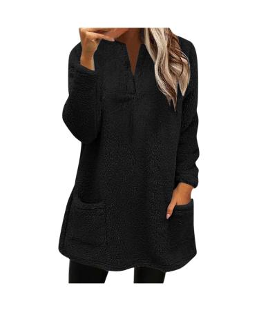 AMhomely Ladies Womens Soft Teddy Fleece Hooded Jumper Plus Size Double Fleece Casual Hoodies With Pocket V Neck Soft Fleece Hooded Sweatshirts Plain Pullover Tops Winter Lightweight Lounge Tops 02 Black L