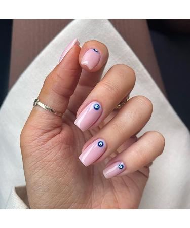 24 Pcs Press on Nails Short, Luvehandicraft Glossy Fake Nails Coffin, False Nails with Glue for Women and Girls (Pink Eye), 28 Piece Set