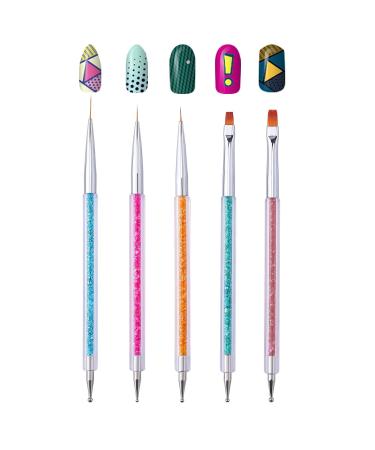 Cizoackle Nail Art Brushes - Double-Ended Brush and Dotting Tool Kit - Elegant Nail Pen Set with Shiny Handles - Easy To Use Professional Liner Tools 5 Pcs