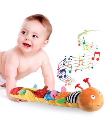 JERICETOY Infant Toy Musical Caterpillar Baby Toys with Rattle Crinkle Squeaker,Tummy Time Toys for 0-3-6-12 Months Newborn Boys Girls, Baby Development Plush Toys with Rich Colors Patterns Textures Orange