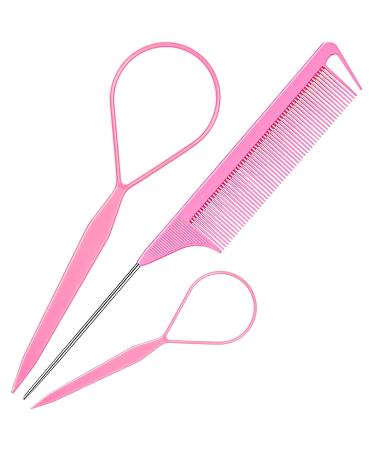 Topsy Tail Hair Tool MORGLES French Braid Loop Tool Pink with Rat tail comb