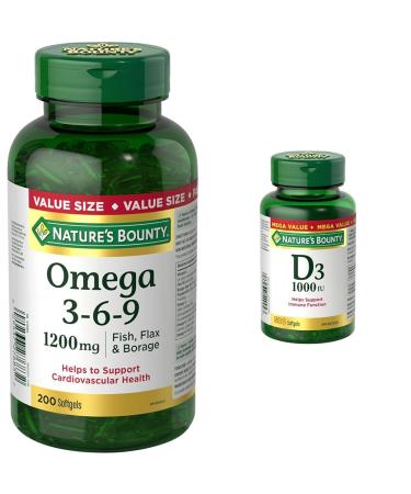 Nature's Bounty Omega 3 6 9 Fish Oil 1200mg Pills Supplement & Vitamin D3 Pills and Supplement Helps Support Immune Function 1000iu 500 Softgels Supplement + Vitamin D3 Pills